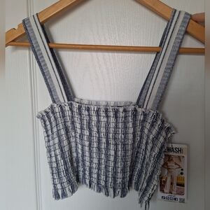 NWT Rewash Navy and White Smocked Crop Top Cotton Linen Blend M